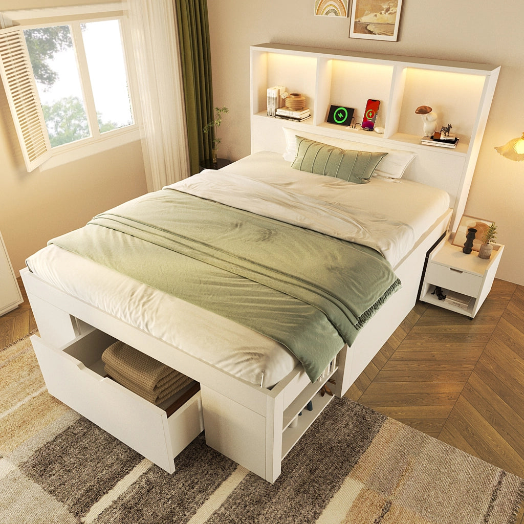 Letto Singolo con Contenitore, Comodino, Cassetti, Ripiani e LED ¨C MINIMAL ¨C Legno Bianco 90x200