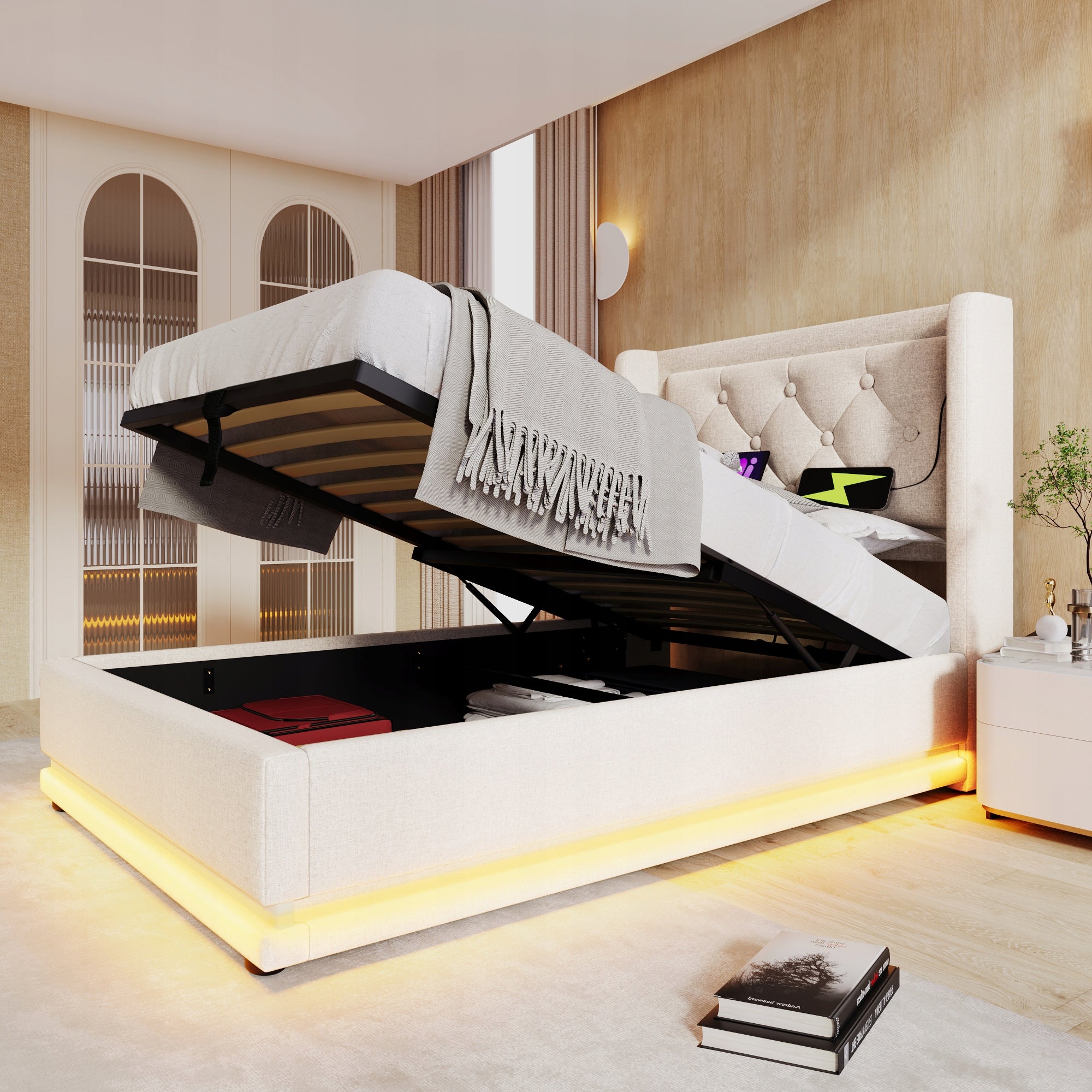 Letto imbottito idraulico - Xylo - 90x200 - Beige - LED, USB-C