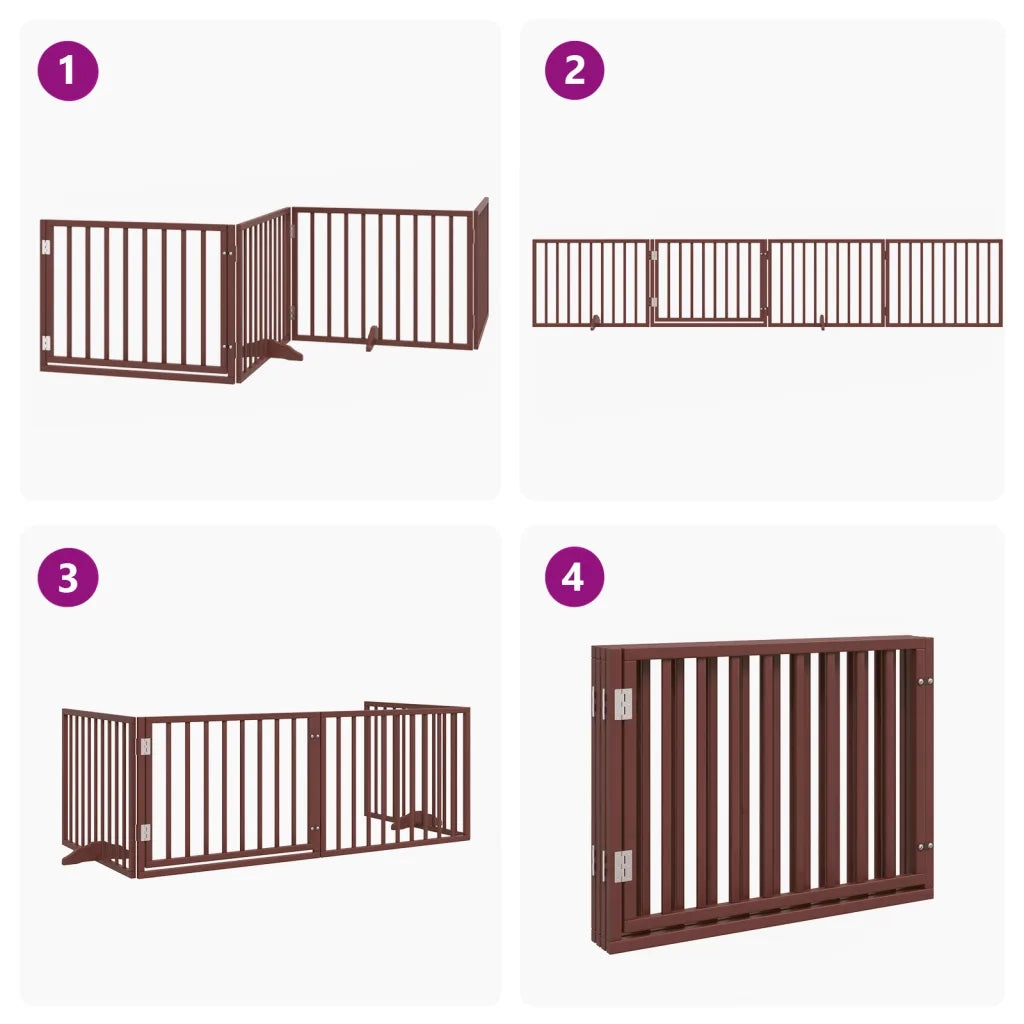 Cancelletto per cani con porta pieghevole 4 pannelli marrone 320 cm in legno di pioppo 352201
