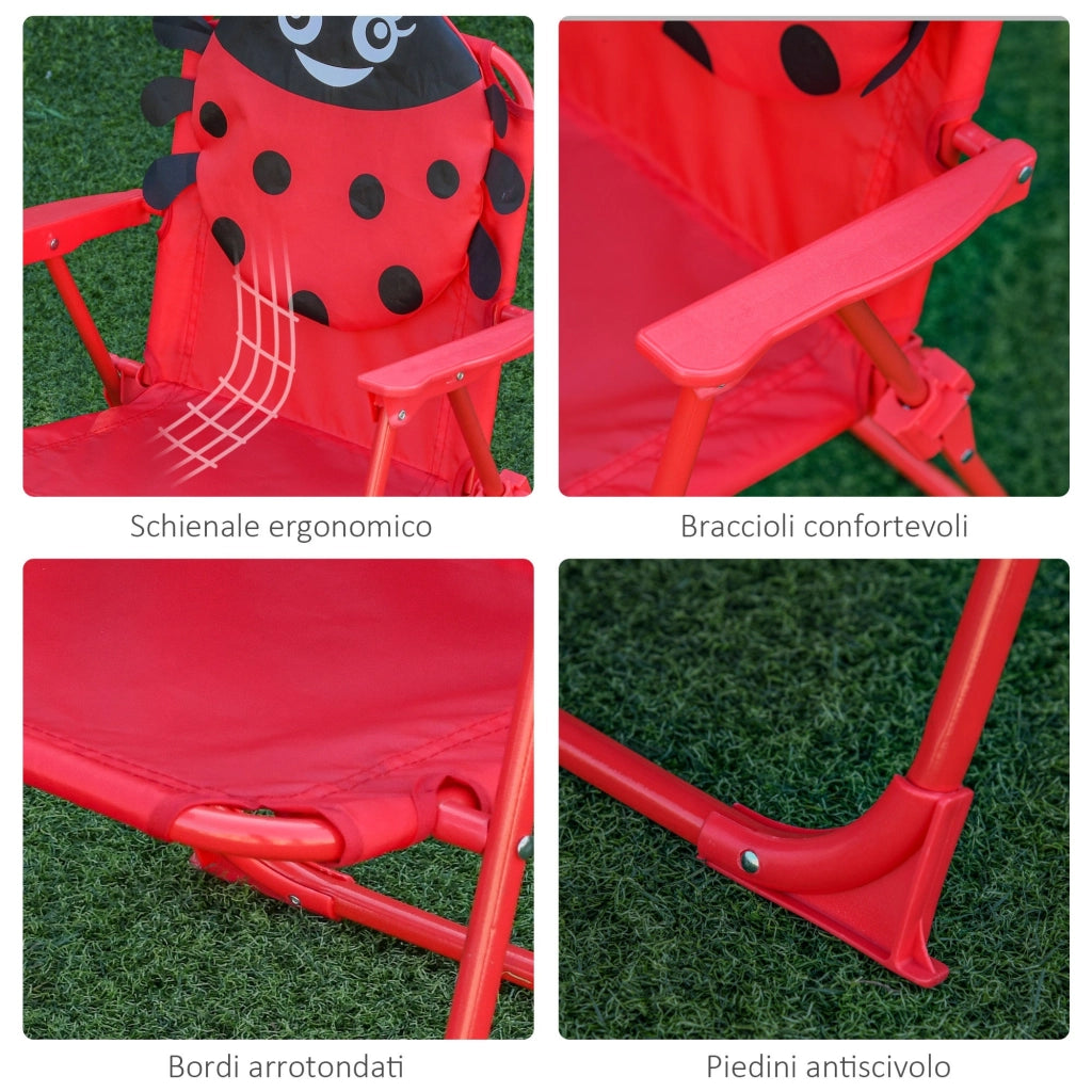 Set Tavolino e 2 Sedie Pieghevoli da Giardino per Bambini con Ombrello Rosso Coccinella