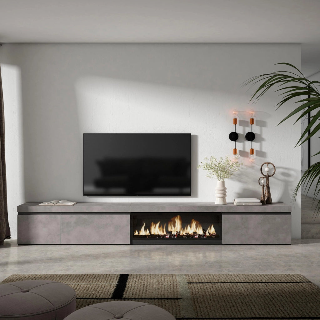 Mobile TV Soggiorno, 317x35x45cm, Camino elettrico XXL, grigio cemento RF3668