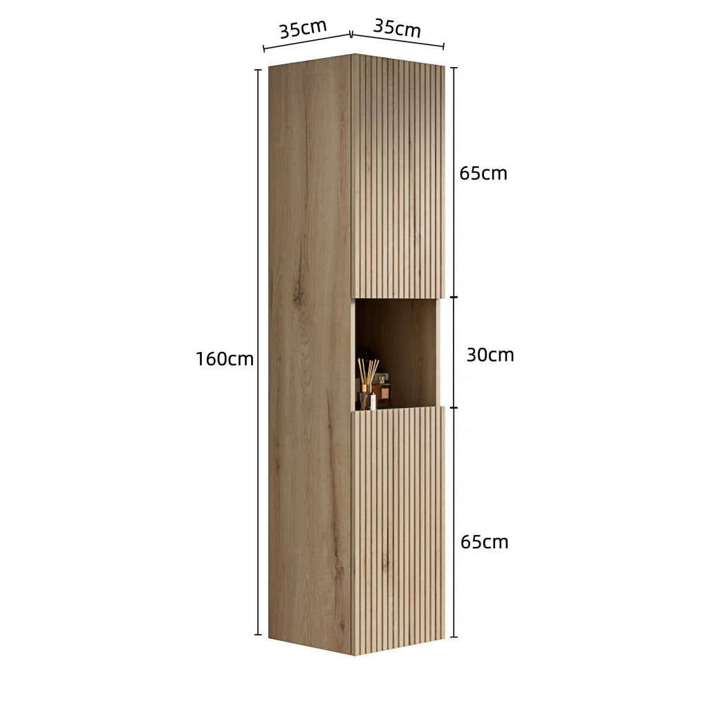 Armadietto da bagno con 2 ante, vano aperto e ripiani regolabili, in compensato, per bagno, rovere bianco, 160 cm