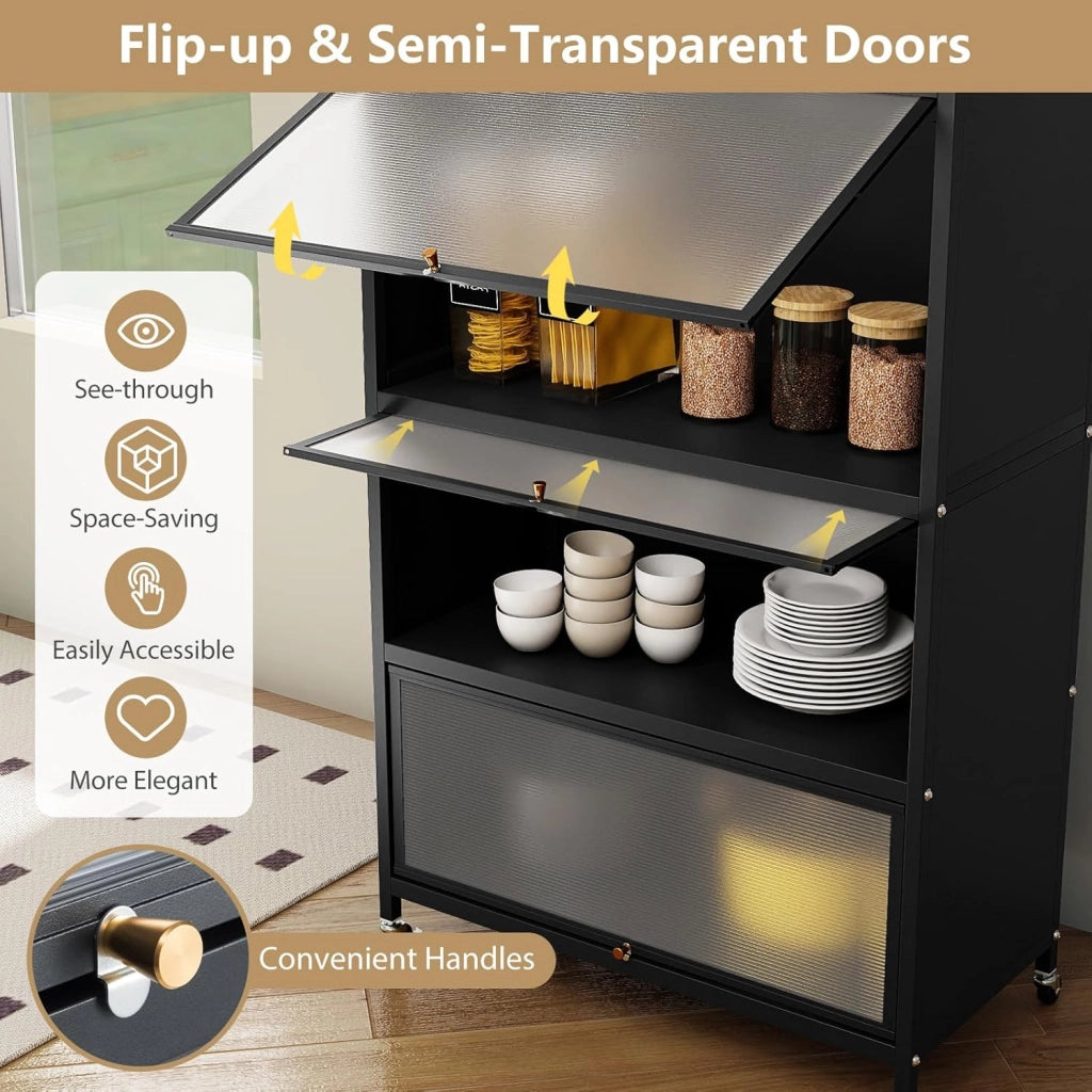 Mobiletto da Cucina a 5 Ripiani su Ruote, Armadio da Cucina con Ante a Ribalta e 4 Ruote Universali, Supporto per Microonde con Kit Anti-Ribaltamento, 80,5x40x162 cm (Nero)