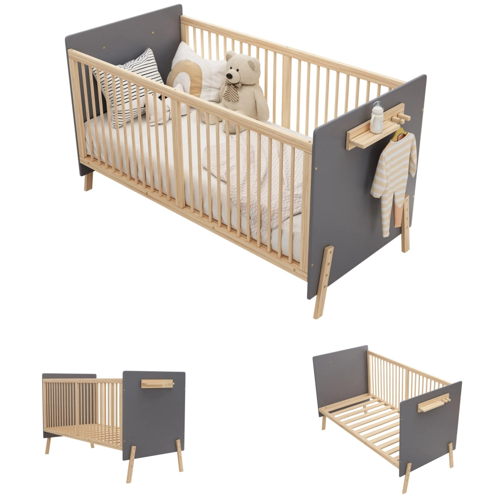 Letto per bambini 70 × 140 cm con altezza regolabile a 3 livelli, lettino laterale e divano letto, senza materasso, in legno massiccio, blu grigio