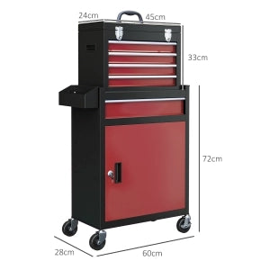 Carrello da officina mobile in acciaio con 5 cassetti, armadietto chiudibile e ruote, rosso