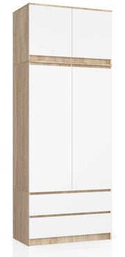 Armadio AKORD S90 con sopralzo Sonoma Quercia 90 cm 2 ante 2 cassetti inserto frontale Bianco 90x51x234 cm