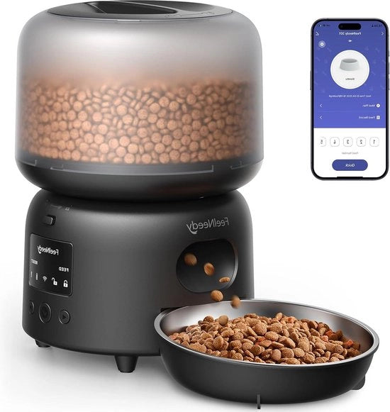 Alimentatore per Gatti Wi-Fi 2,4G Fino a 10 Pasti al Giorno - Avvertimenti di Accumulo di Cibo - Livello di Batteria Basso - Litter Box in Acciaio Inossidabile 3L (Nero)