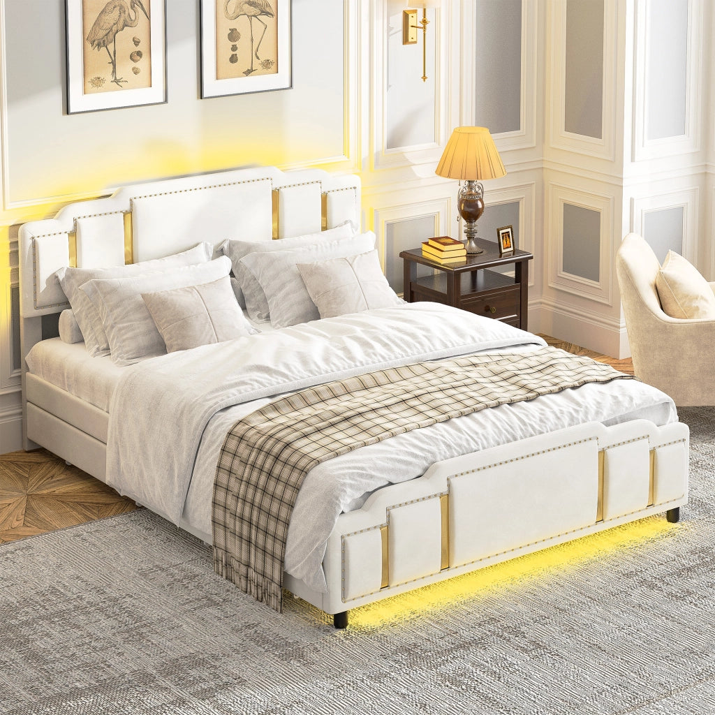 Letto matrimoniale 140 × 200 cm con 4 cassetti, LED regolabile, rivestimento in velluto, senza materasso, beige