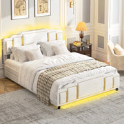 Letto matrimoniale 140 × 200 cm con 4 cassetti, LED regolabile, rivestimento in velluto, senza materasso, beige