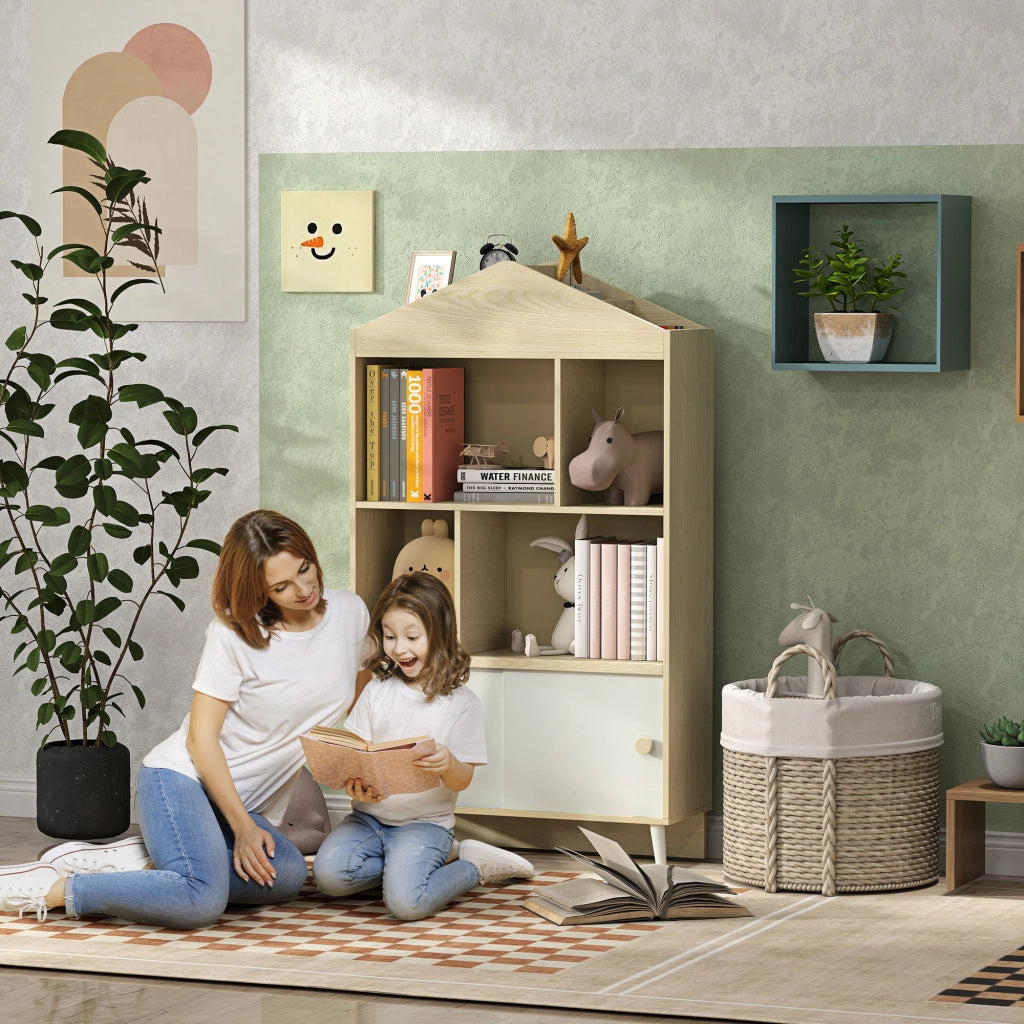 Libreria per Bambini in Legno con Ripiani Aperti e Armadietto Inferiore, 80x30x140.5 cm, Bianco e color Legno