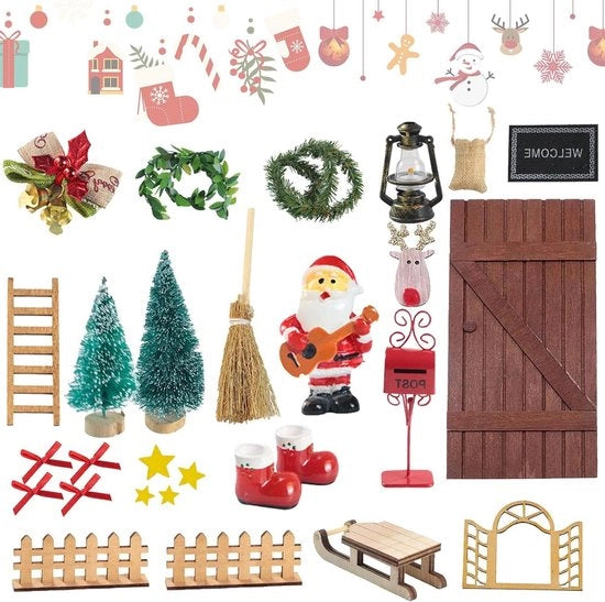 Porta di Natale in legno - porta miniatura per l'undicesimo giorno di Natale con cassetta postale e scala.