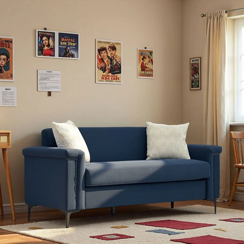 Divano 2 posti minimalista - Xylo - Piedi metallici, tessuto lino, blu