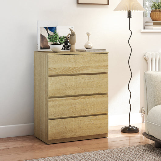 Cassettiera 4 Cassetti 60x40x80 cm con Guide in Metallo e Maniglie Scanalate in Legno color Faggio