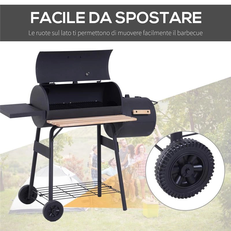 BARBECUE A CARBONE CON COPERCHIO E AFFUMICATORE, BBQ DA GIARDINO CON RIPIANI E RUOTE 124X53X104 CM, NERO