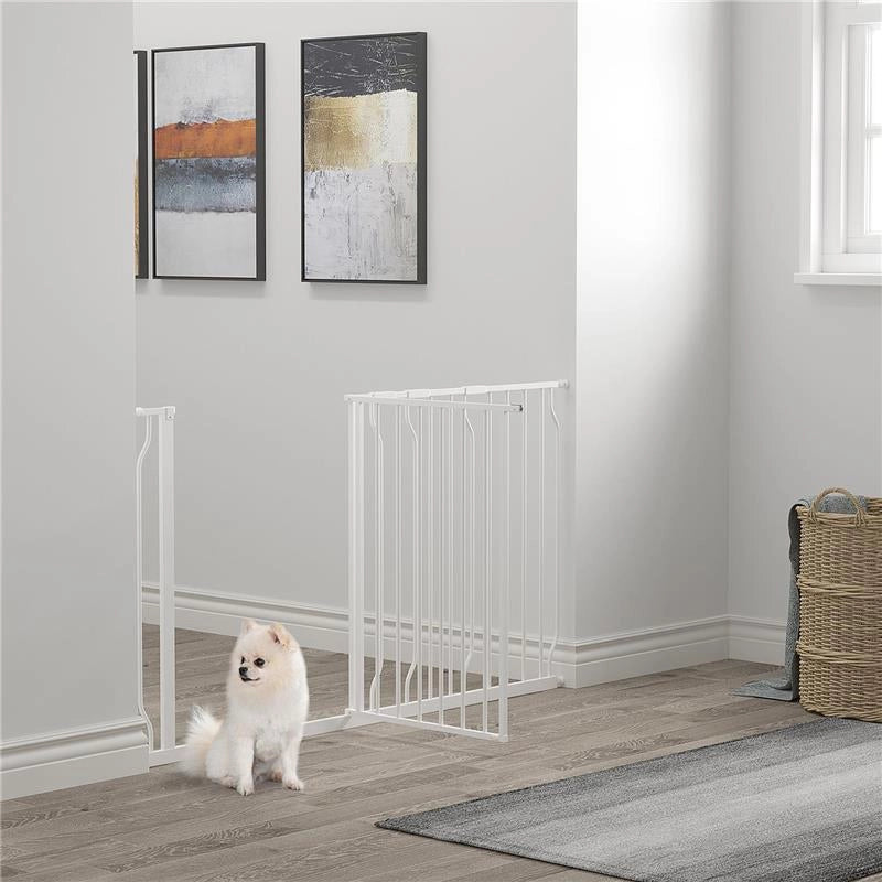 CANCELLETTO DI SICUREZZA PER CANI IN ACCIAIO E ABS, ESTENSIBILE 75-145CM PER SCALE E PORTE, BIANCO