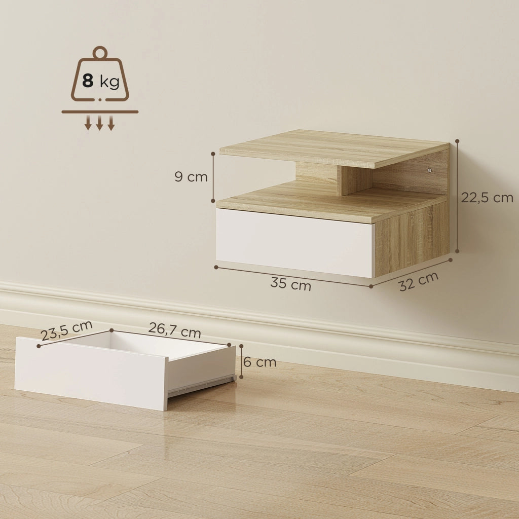 Comodino sospeso bianco e rovere ¨C Xylo ¨C Set 2 pezzi con cassetto 35x32x22,5cm