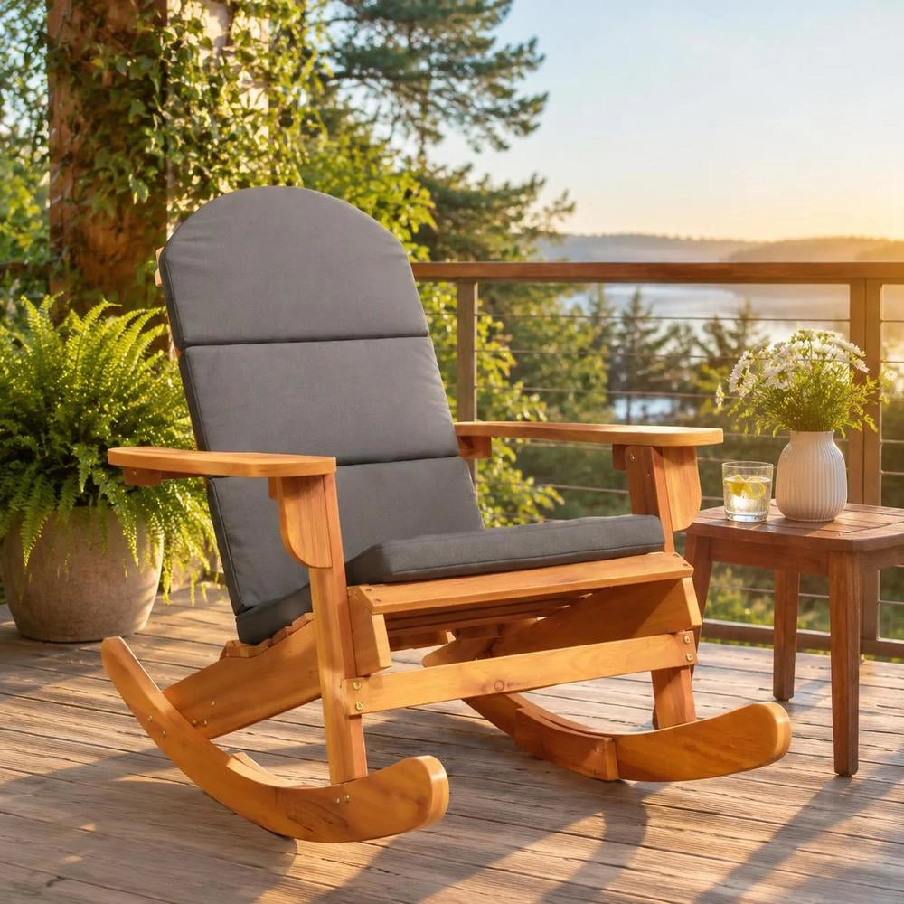 Adirondack Rocking Chair With Cushion, Solid Acacia Wood