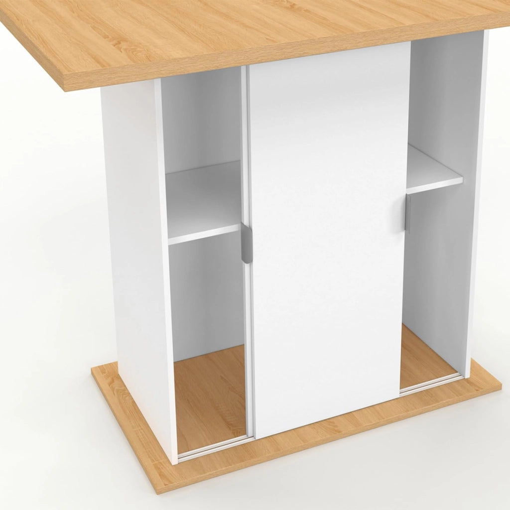 Isola centrale PAXTON 110 cm per 4 persone con contenitore in legno bianco e piano di lavoro effetto faggio