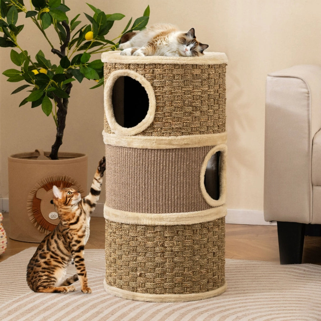 Condominio per gatti a 3 piani con tappetino tiragraffi in sisal, Casa da gioco moderna per gatti da interno-Alberi Tiragraffi