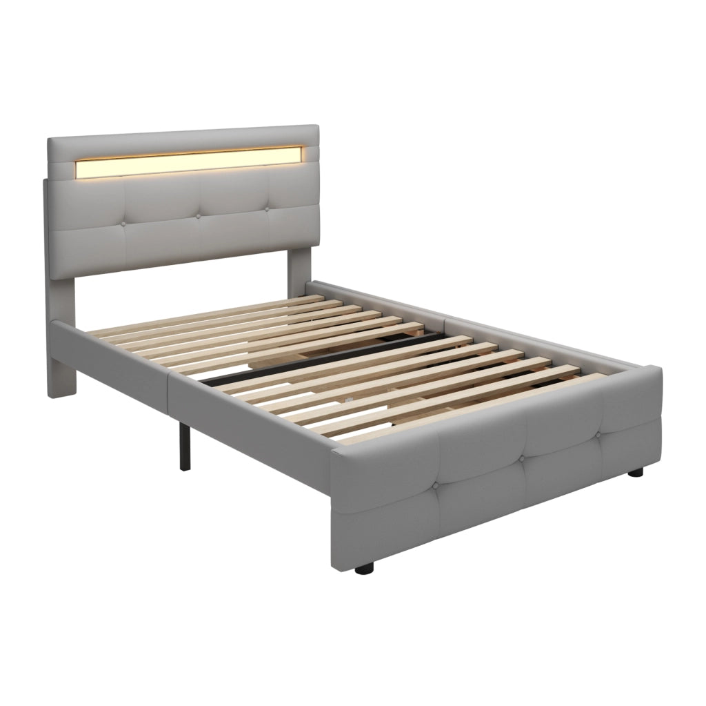 Letto singolo 90x200 cm imbottito con LED; 2 cassetti e rete a doghe; grigio
