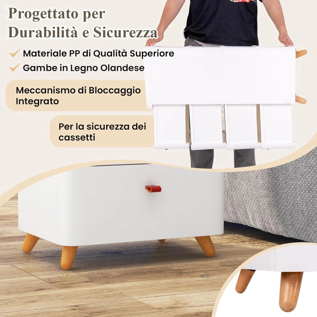 Cassettiera a 4 Cassetti in PP, con Vassoio Rimovibile, Armadio di Stoccaggio Verticale con Gambe in Legno Massello, per Camera da Letto, Soggiorno e Bagno, 42 x 32 x 81 cm