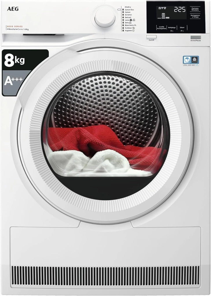 AEG TR8G83GW Serie 8000 AbsoluteCare Asciugatrice a Pompa di Calore Classe energetica A+++ Capacita' di Carico 8 Kg Motore Inverter Cesto ProTex XXL