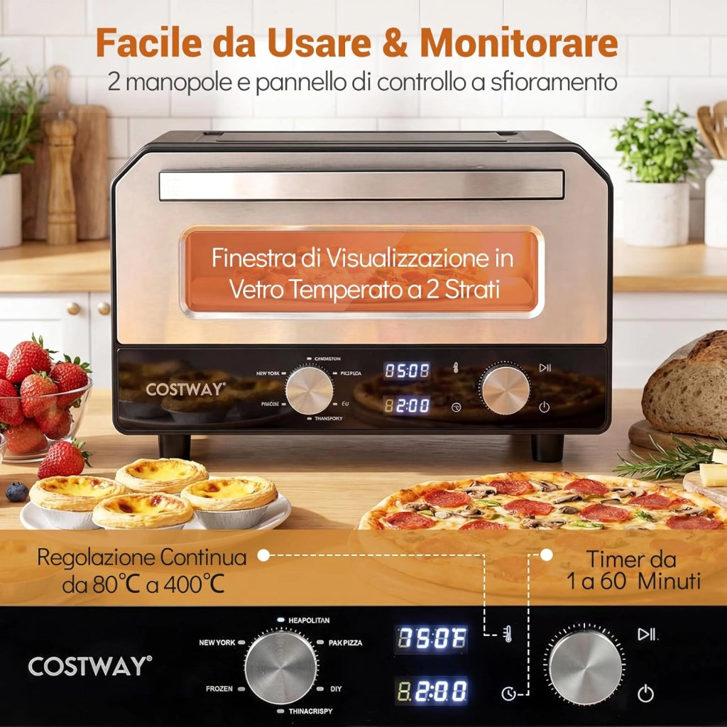 Forno Pizza Elettrico, 1700 W Macchina per Pizza Professionale con 6 Modalità Preimpostate Taglierina e Pietra Refrattaria, Raggiunge fino 400°C, 43x47x28 cm