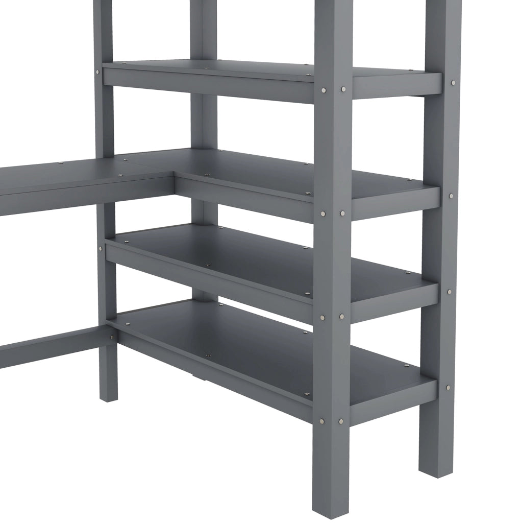 Letto a soppalco 90x200 con scrivania integrata e vani portaoggetti, grigio