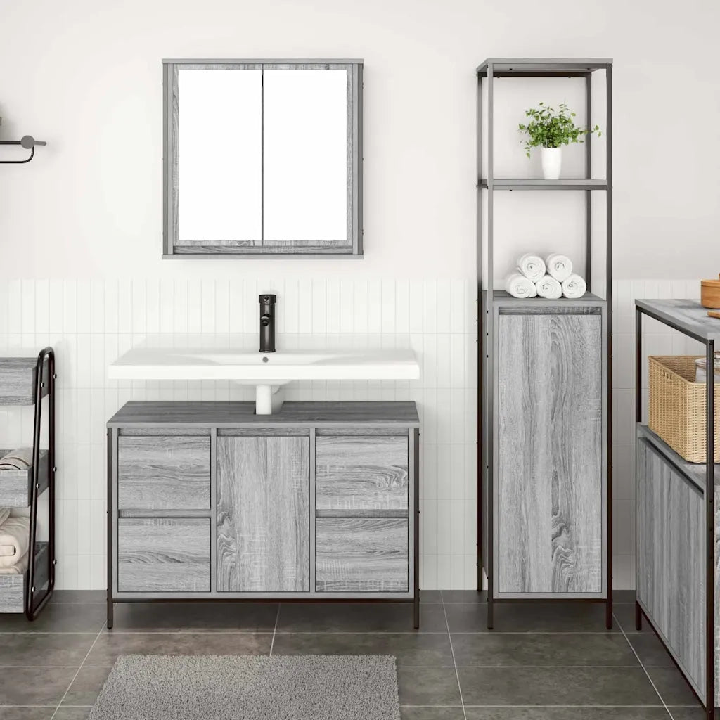 Set di mobili per il Bagno | Armadio da bagno con porta 2 pz Grigio sonoma e Nero
