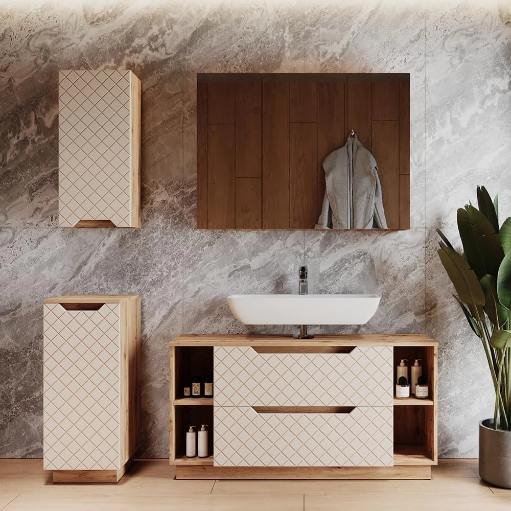 Set di mobili da bagno Lotta, Cachemire, 119.2 cm, composto da mobile sottolavabo, specchiera, armadio medio e pensile