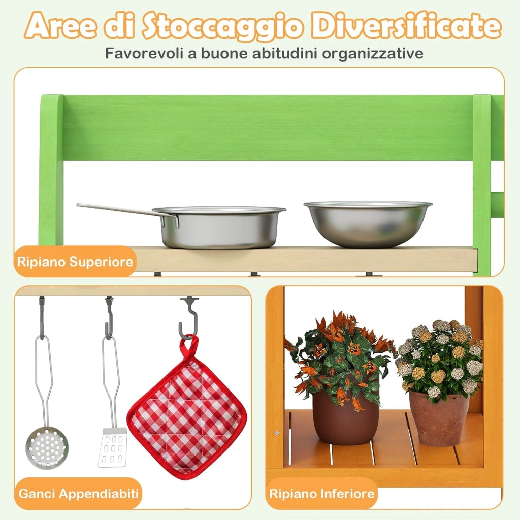 Cucina Giocattolo in Legno, Cucina da Gioco all'Aperto con Fornelli Realistici, Rubinetto, Lavandino, Forno e Accessori per Pentole, Giocattoli per Bambini dai 3+ Anni