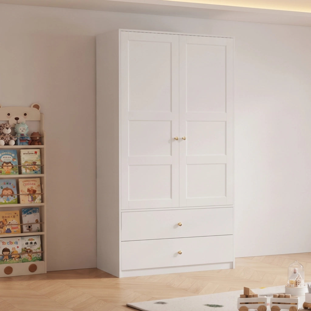 Armadio 2 ante con 2 cassetti e barra appendiabiti in MDF bianco per camera da letto 100 × 48 × 180 cm