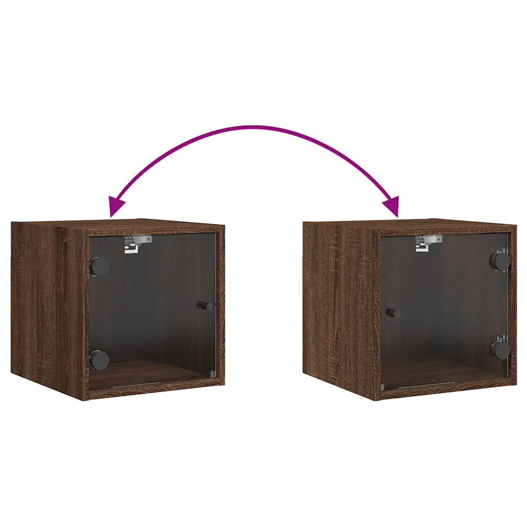 Set di 2 Comodini | Armadio da Notte | Mobiletto da notte con Ante in Vetro Rovere Marrone 35x37x35 cm