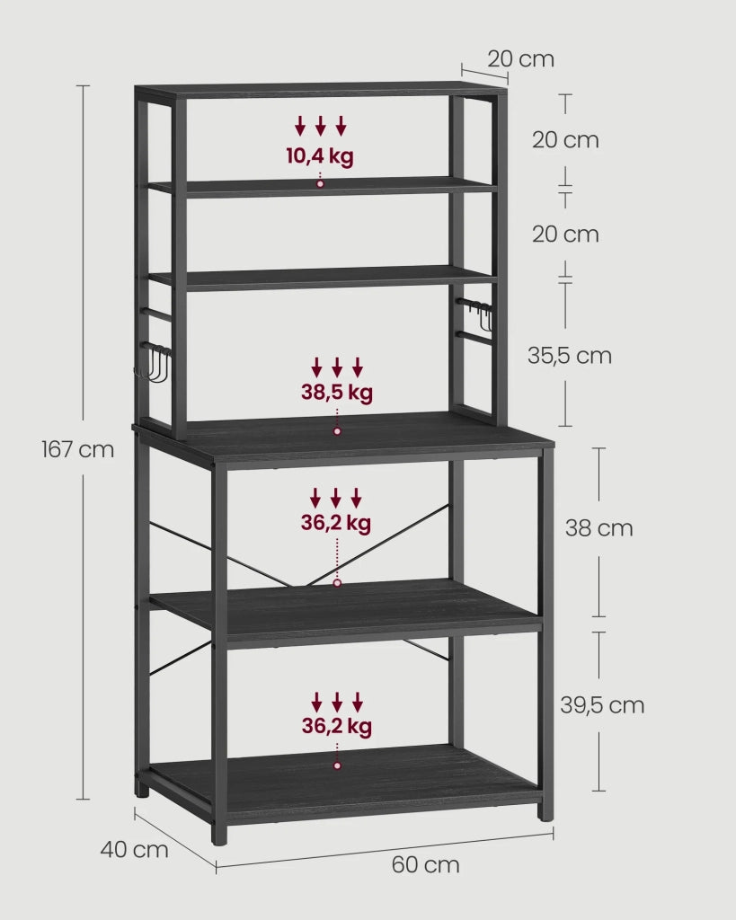 Scaffale da cucina con ripiani portaoggetti 6 ganci struttura in metallo per utensili forno a microonde stile industriale 80 x 40 x 167 cm grigio 12_0005648