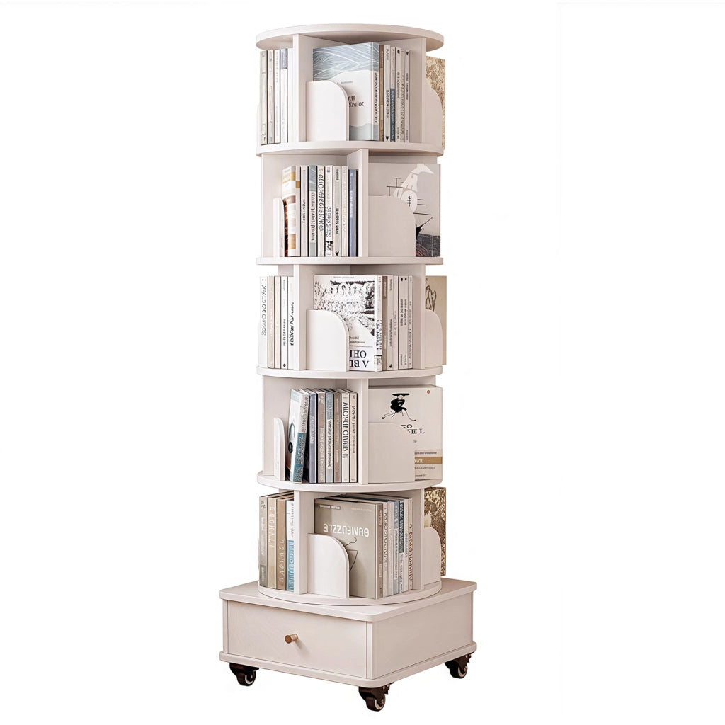 Libreria girevole a 360° con cassetto e ruote in MDF bianco