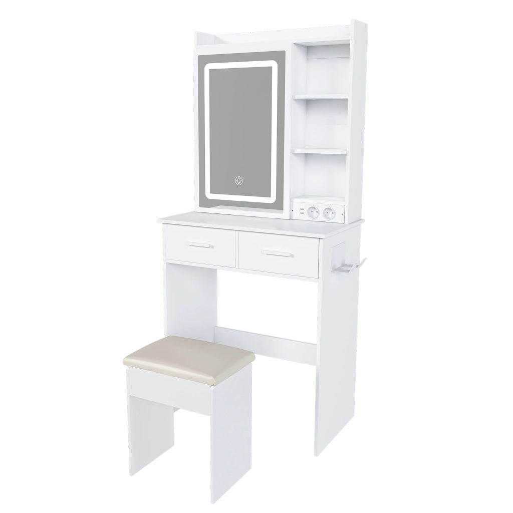 Tavolo da toeletta compatto Bianco con specchio LED regolabile; presa; sgabello imbottito; spazio nascosto; salvaspazio; B60×H136×P36cm