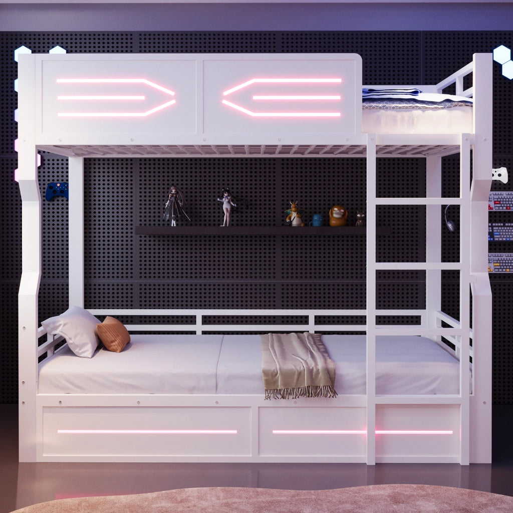 Letto a castello per bambini 90x200 cm con striscia LED; linee moderne e parapetti alti; metallo bianco