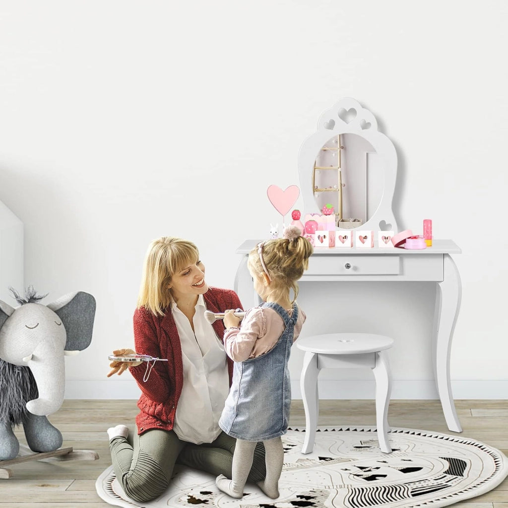 Specchiera Toeletta per Bambini, Set di Tavolo e Sgabello Giocattolo da Trucco in Legno con Cassetto e Specchio Rimovibile, Moderno e Multiuso, 70x34x105cm Bianca