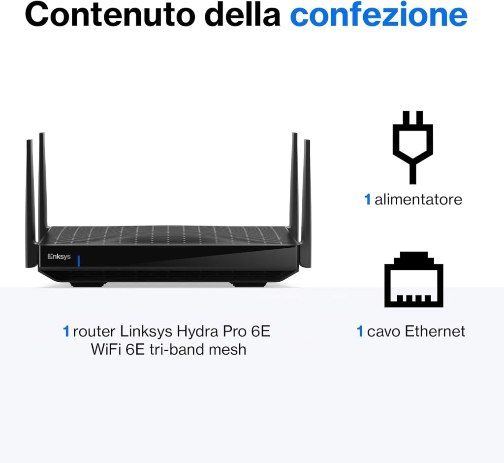 Router Wifi mesh Tri-Band Hydra Pro 6E, wireless, accesso alla banda 6 GHz, velocità massima 6.6 Gbps, copertura 250 m², piu 55 dispositivi