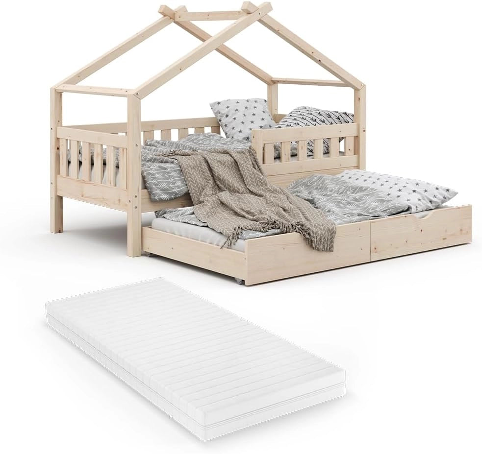 Letto montessori bambini Design, Legno naturale, 80x160 cm con letto per ospiti e materasso, adatto come area giochi e zona notte per bambini