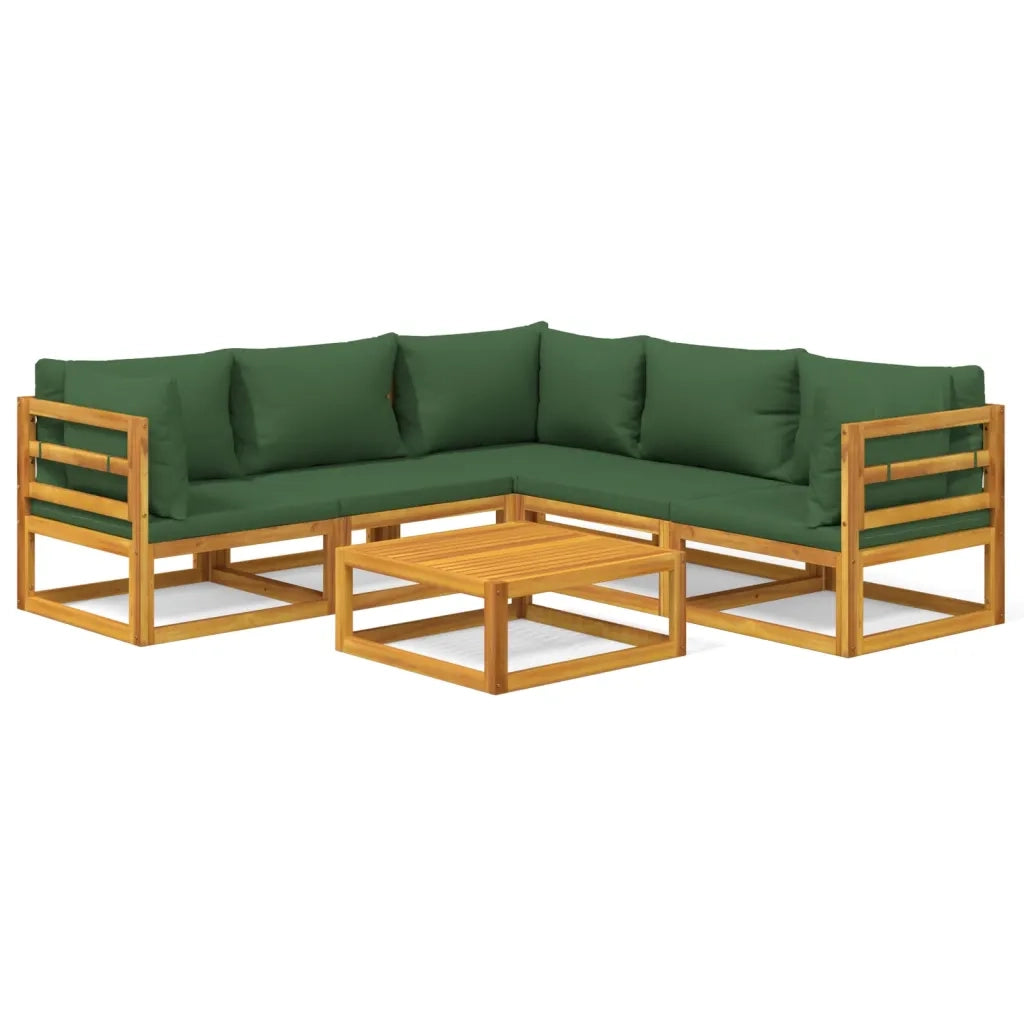 Set Salotto da Giardino 6pz con Cuscini Verdi in Legno Massello