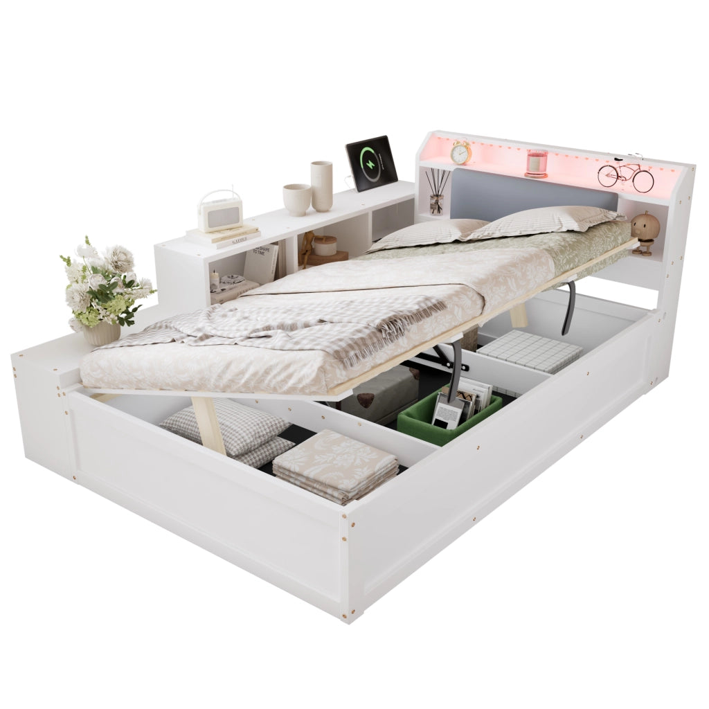 Letto contenitore 120x200 cm con apertura idraulica reversibile; testiera imbottita con vani; LED e USB; legno bianco