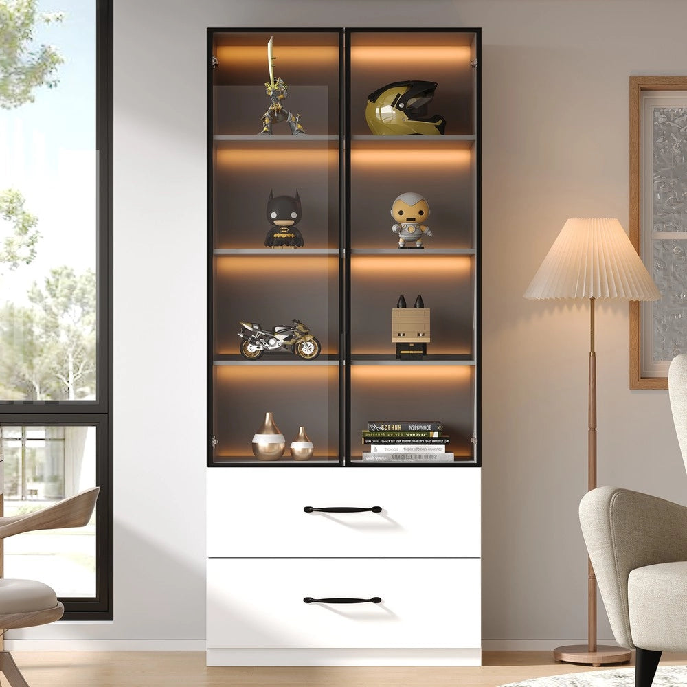 Vetrina LED con Libreria e Cassetti ¨C Xylo ¨C Vetro Temperato, Cornice Alluminio, 60x40x160 cm