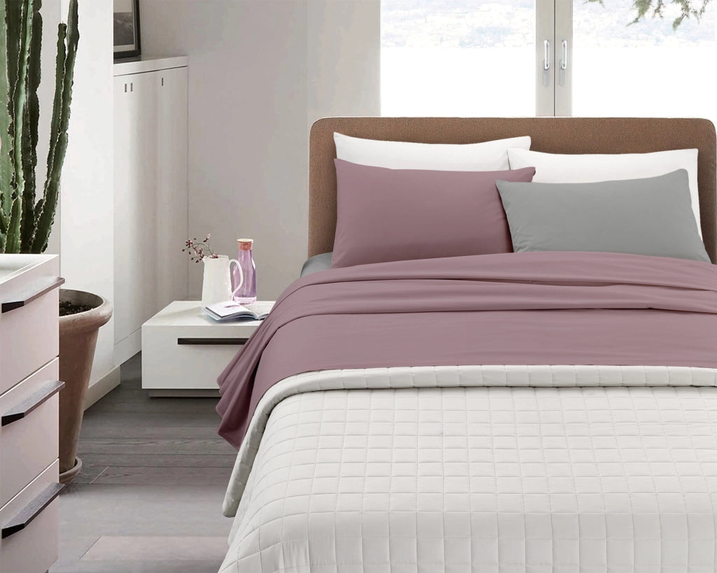 Completo Lenzuola Invernali Felpate In Calda Flanella Bicolore Set Biancheria Da Letto Anti Pilling Lenzuolo Sopra,Sotto Con Angoli Elasticizzati E Federe Prodotto Certificato Rosa-grigio - Matrimoniale