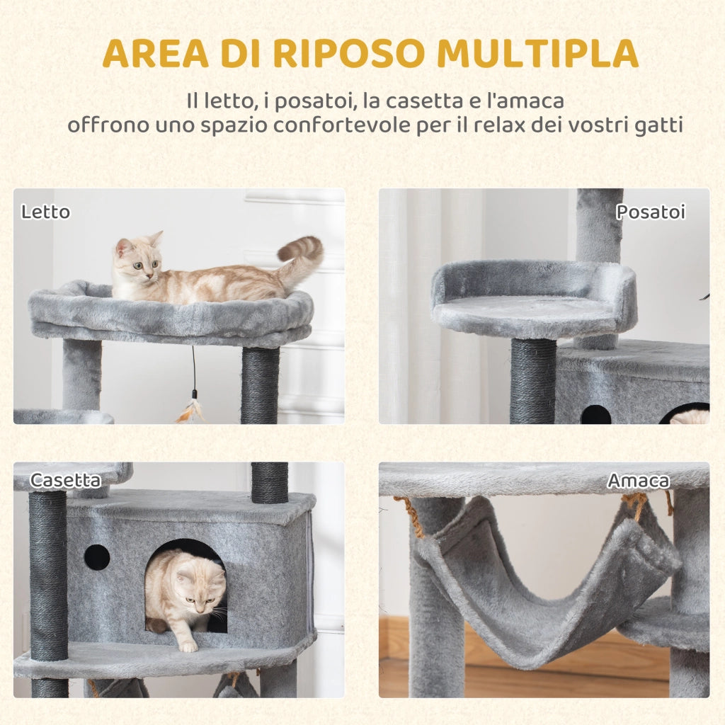 Albero Tiragraffi per Gatti con Palo Casetta Letto Amaca e 2 Giochi in Legno e Peluche Grigio