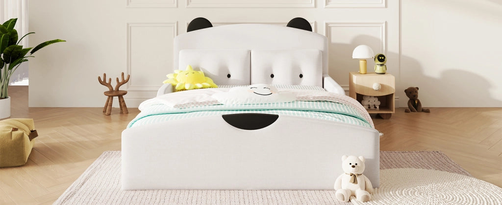 Letto per bambini 140 × 200 cm con testiera a orsetto imbottita, 2 cuscini decorativi, senza materasso, bianco