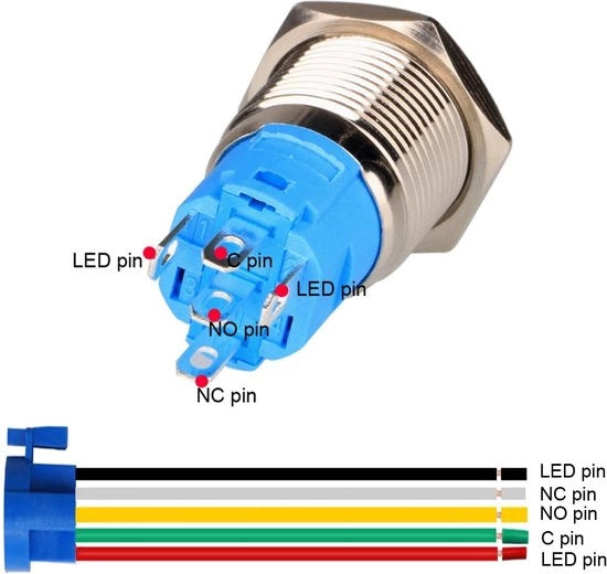 Spina di accoppiamento 19mm in acciaio inossidabile 12V-24V 5A simbolo di alimentazione LED 1NO1NC SPDT ON-OFF Interruttore a giro con cassa di contatto (LED blu+bianco)