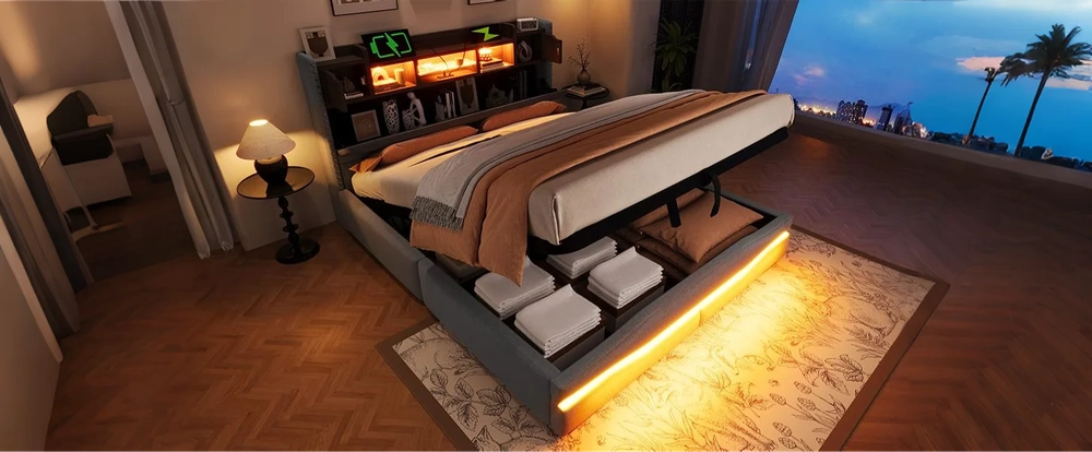 Letto Imbottito Contenitore con LED e USB ¨C MINIMAL ¨C Grigio 160x200