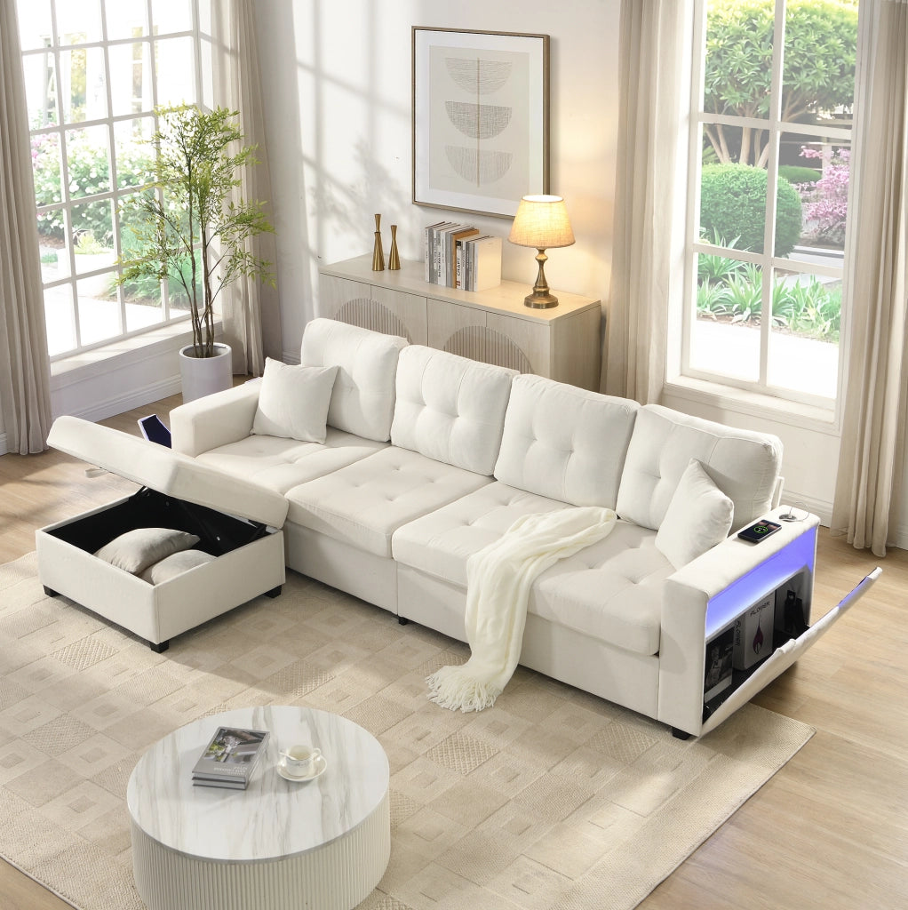 Divano angolare modulare 4 posti beige con pouf contenitore, USB-C e LED