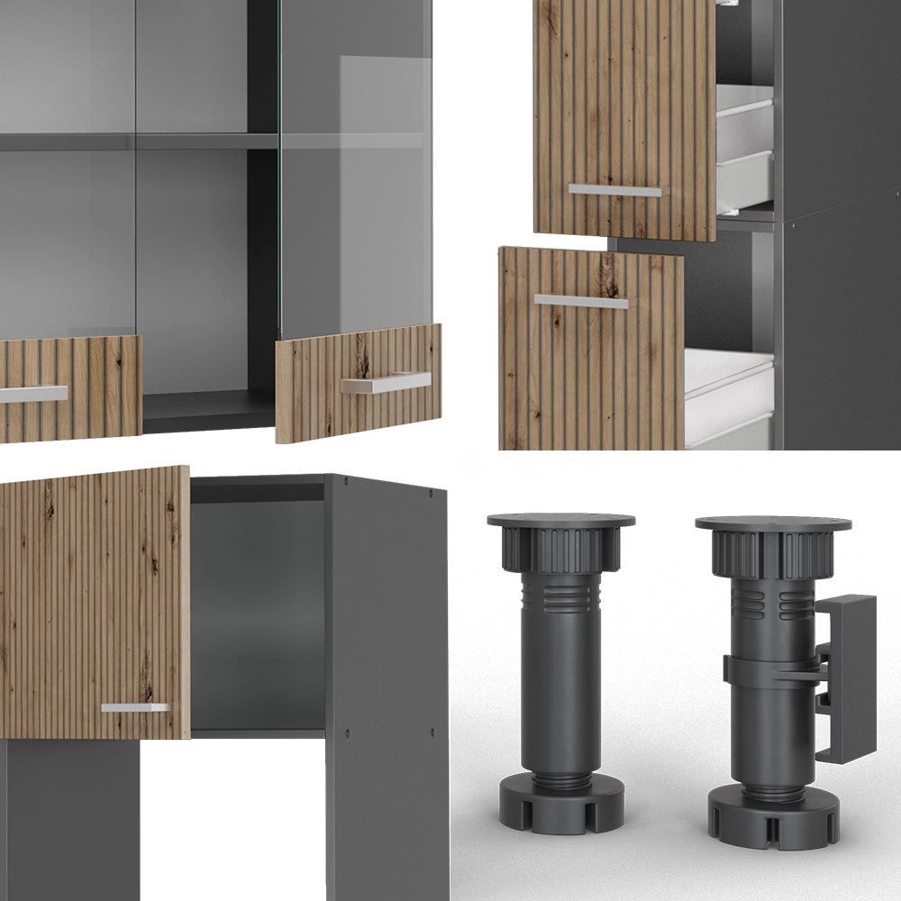 Vicco Cucina  Rovere artigianale/antracite 350 cm con armadio alto, PL Rovere